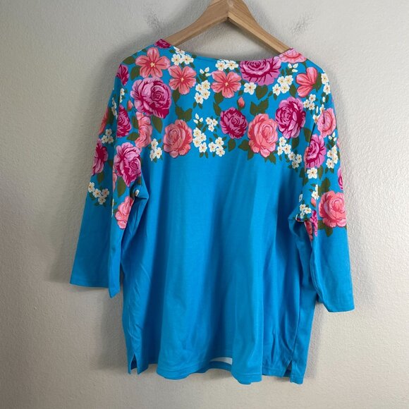 Quacker Factory Womens XL Floral Embellished Top Blue Pink Roses 3/4 Sleeve - Picture 7 of 8